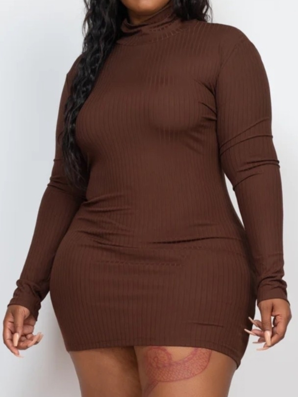 Ribbed Turtleneck Long Sleeve Mini Dress in Brown